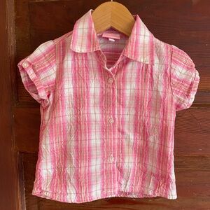 $5 💥Vintage Summer Blouse Button-Up Plaid Shirt, Metallic Sparkle, Pink White